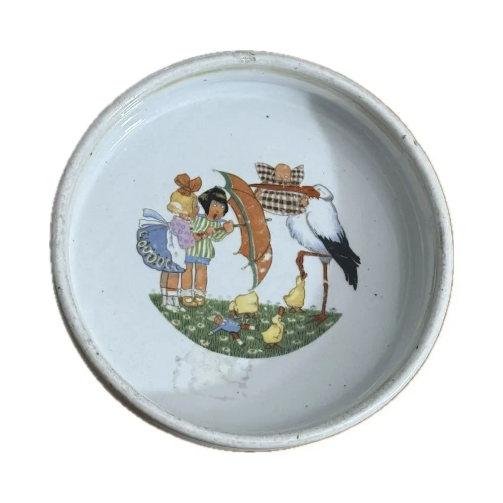 Vintage Ceramic Baby Bowl‎ with Adorable Stork Scene